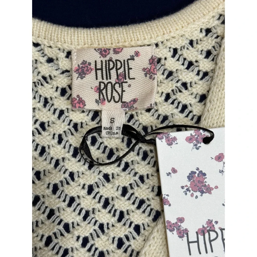 Hippie Rose Sweater Vest Womens Small Cream Boho Open Knit Front Tie Cropped‎